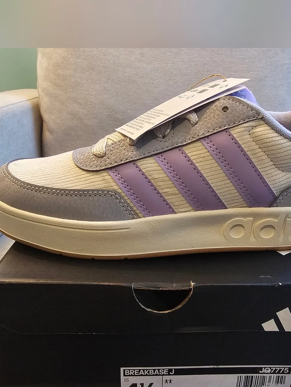 NWT Adidas Kids Breakbase J- Purple/Gray/Cream- Size 4.5 - Picture 1 of 4